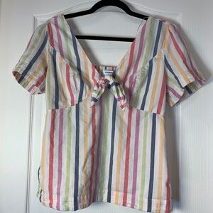 Pastel Striped Cottagecore Summer Blouse Bow Front Peasant Top